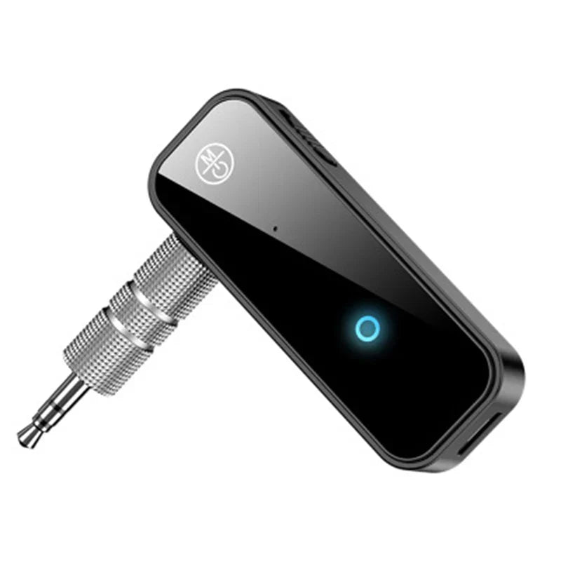 Black bluetooth audio receiver transmitter wireless adapter portable with silver 3.5mm aux jack dongle and blue indicator light