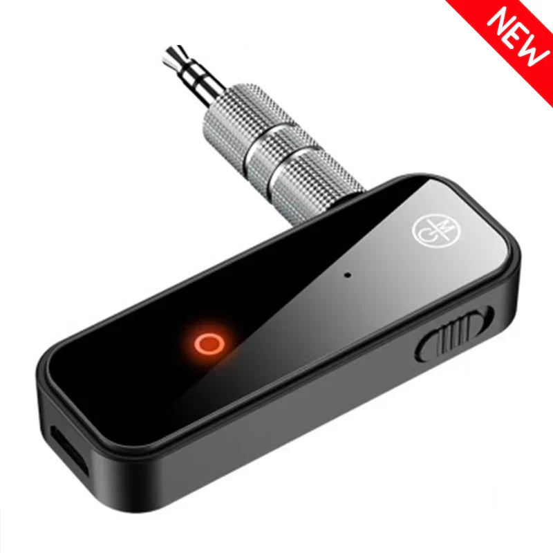 Black 2 in 1 bluetooth audio receiver wireless adapter portable with silver aux jack dongle and orange power indicator light