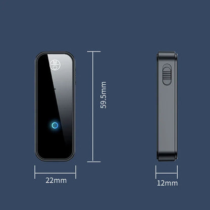 Black rectangular bluetooth audio aux jack dongle wireless adapter portable with circular logo and blue illuminated ring