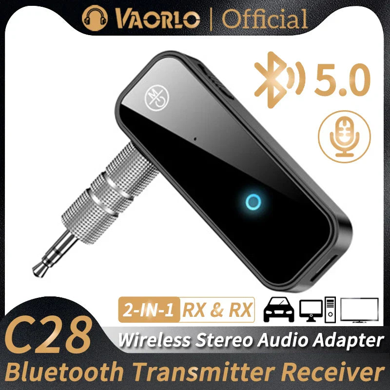 Black vaorlo c28 bluetooth 5.0 wireless adapter portable with metallic 3.5mm aux jack dongle and blue power indicator