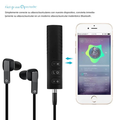 Black wireless bluetooth receiver with tactile buttons and metallic 3.5mm jack plug for car wireless bluetooth audio use