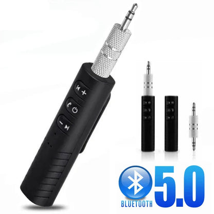 Black wireless bluetooth receiver with silver metal plug and control buttons for jack aux audio in car wireless bluetooth use