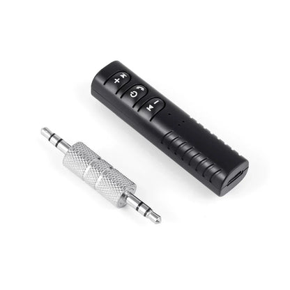 Black 2 in 1 car wireless bluetooth receiver with silver 3.5mm jack aux audio adapter and tactile volume buttons