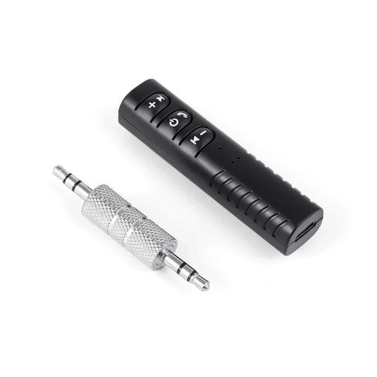 Black 2 in 1 car wireless bluetooth receiver with silver 3.5mm jack aux audio adapter and tactile volume buttons