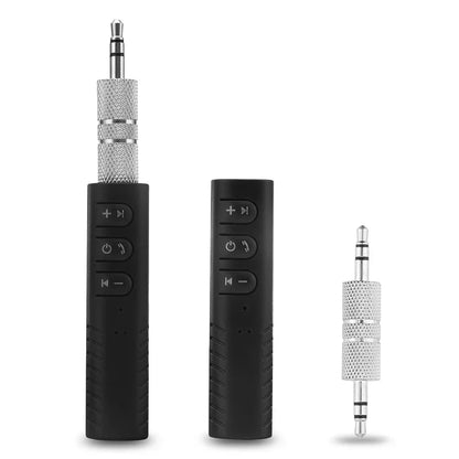 Black wireless bluetooth receiver with silver textured 3.5mm jack aux audio connectors for car wireless bluetooth use