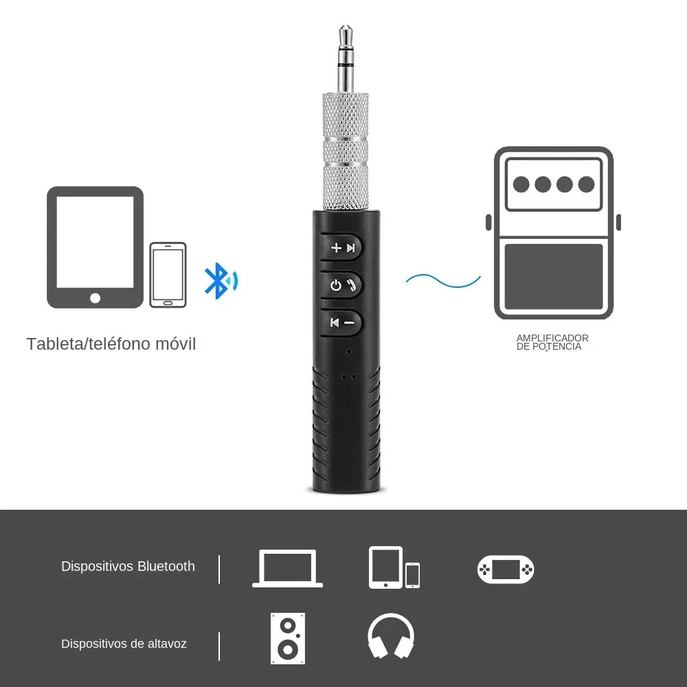 Black 2 in 1 car wireless bluetooth receiver with silver 3.5mm jack aux audio and textured grip for handsfree use