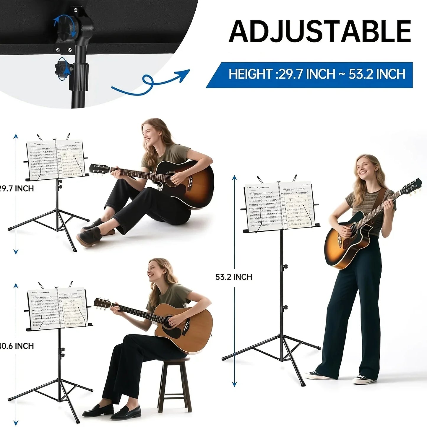 Adjustable black metal 2-in-1 foldable sheet music stand with convenient carrying bag for guitarists and musicians