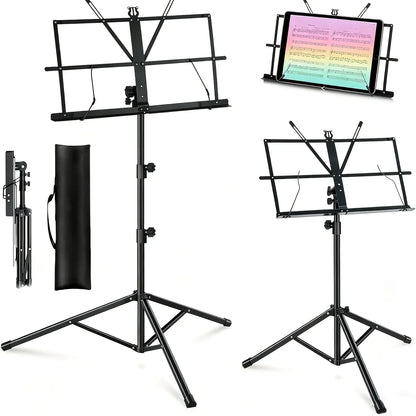 Black metal 2-in-1 foldable sheet music stand with adjustable height tripod base and convenient carrying bag
