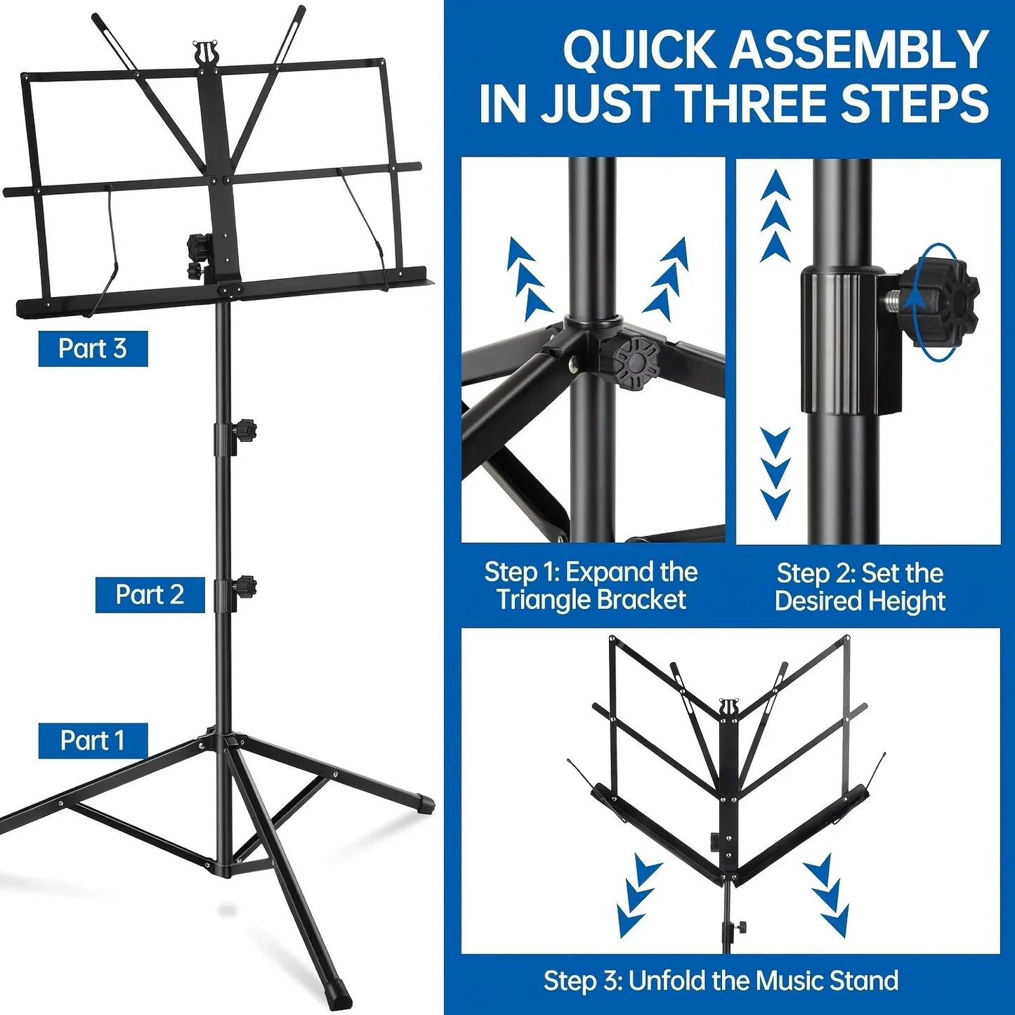 Black metal 2-in-1 foldable sheet music stand with adjustable height tripod base and convenient carrying bag