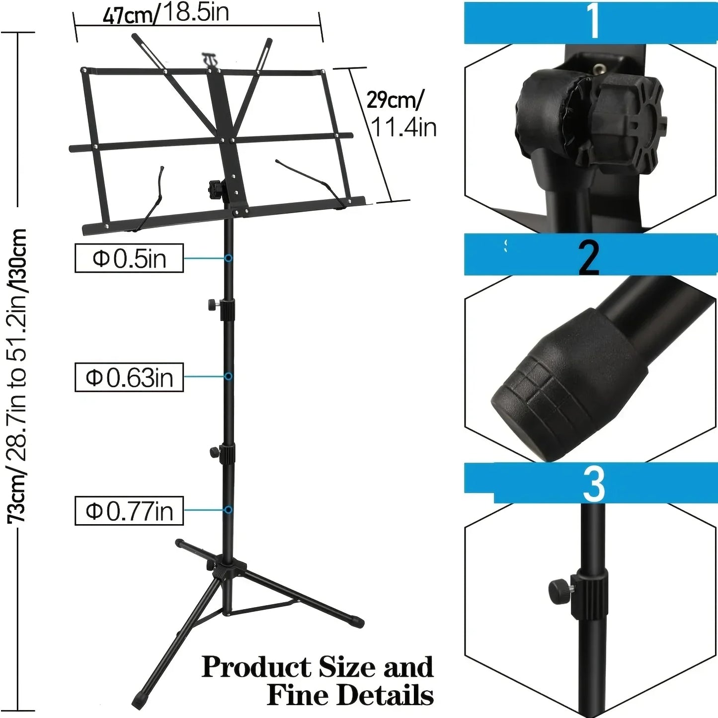 Black metal adjustable 2-in-1 foldable sheet music stand with tripod base and convenient carrying bag for portability
