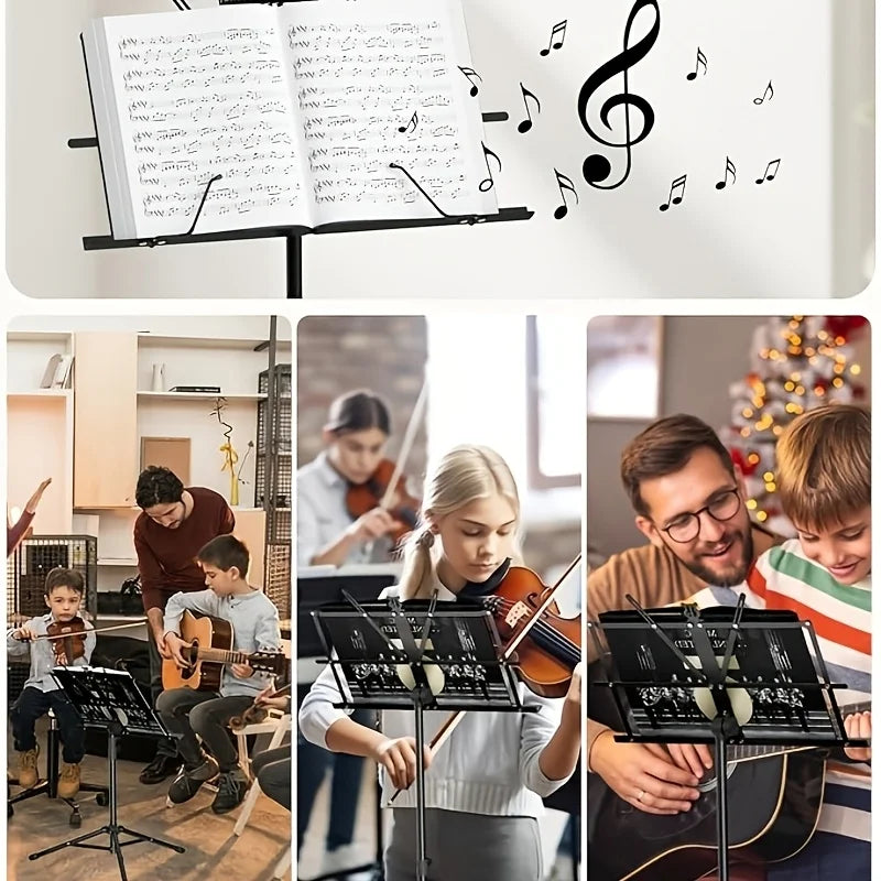 Black metal 2-in-1 foldable sheet music stand with adjustable height multi-tiers and convenient carrying bag