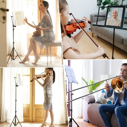 A polished brass trombone with reflective finish and curved slide shown alongside a 2-in-1 foldable sheet music stand with convenient carrying bag