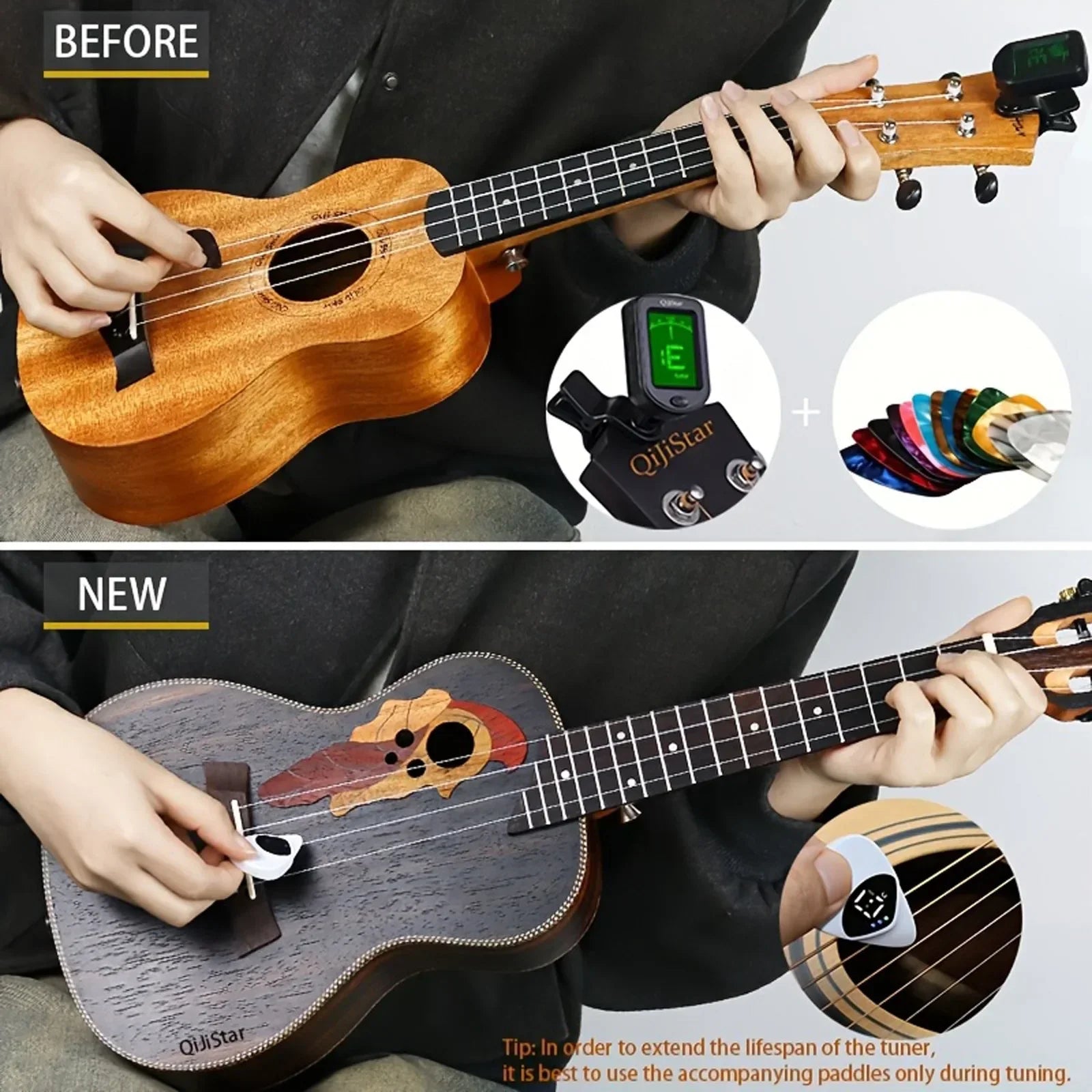 Dark wood ukulele with colorful skull inlay and white tuning paddle featuring 2-in-1 guitar pick multi-purpose pitch calibrator for 12-tone equal temperament