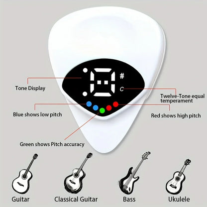 White plastic 2-in-1 guitar pick with black digital display and colored leds for multi-purpose pitch calibrator use