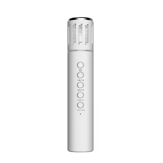 Silver cylindrical karaoke wireless microphone with perforated grille and bluetooth speakers portable phone car support