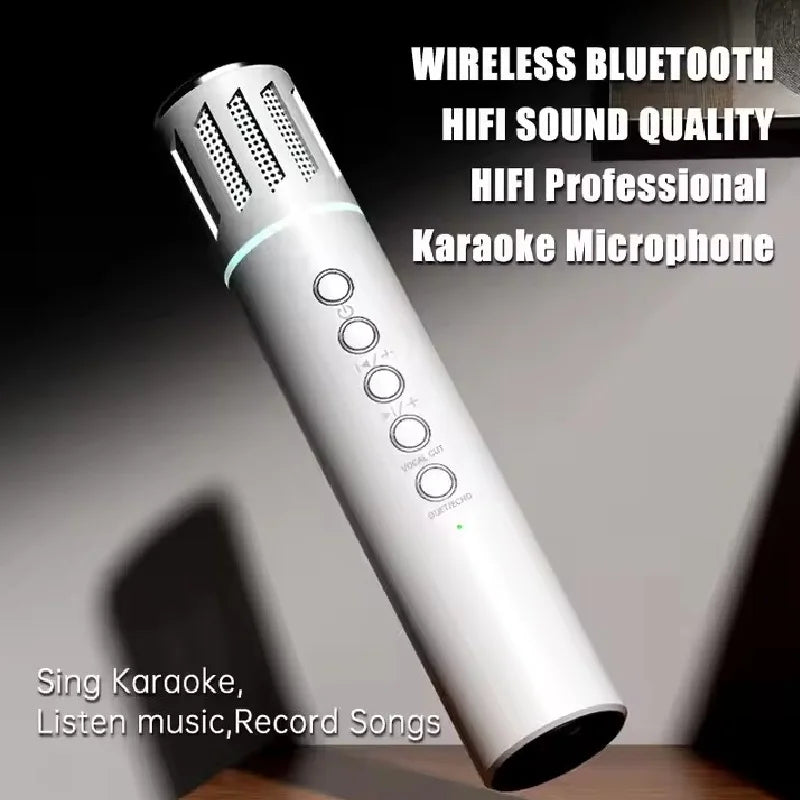 Silver karaoke wireless microphone with perforated grille and bluetooth speakers portable for phone car support