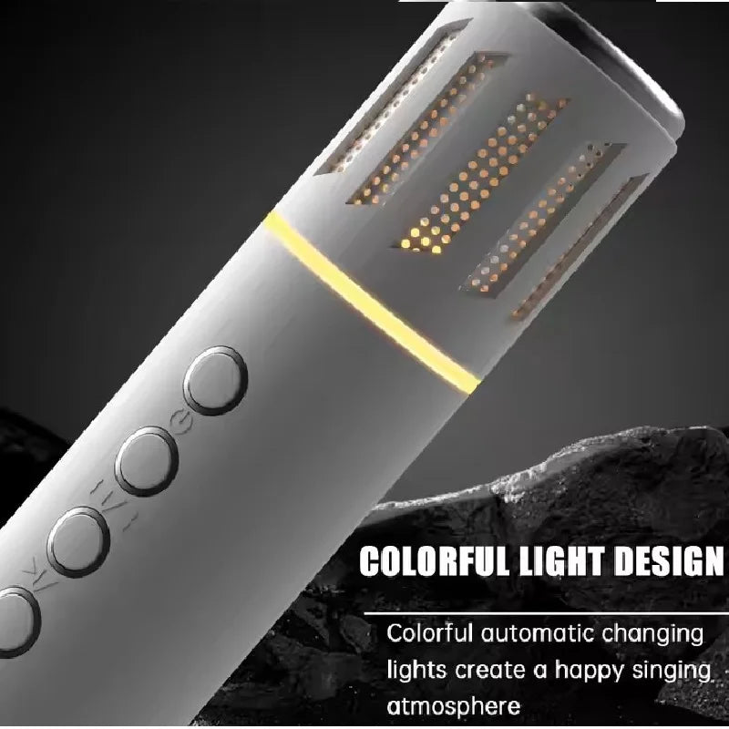 Silver cylindrical karaoke wireless microphone with glowing yellow stripe and bluetooth speakers portable for phone car support
