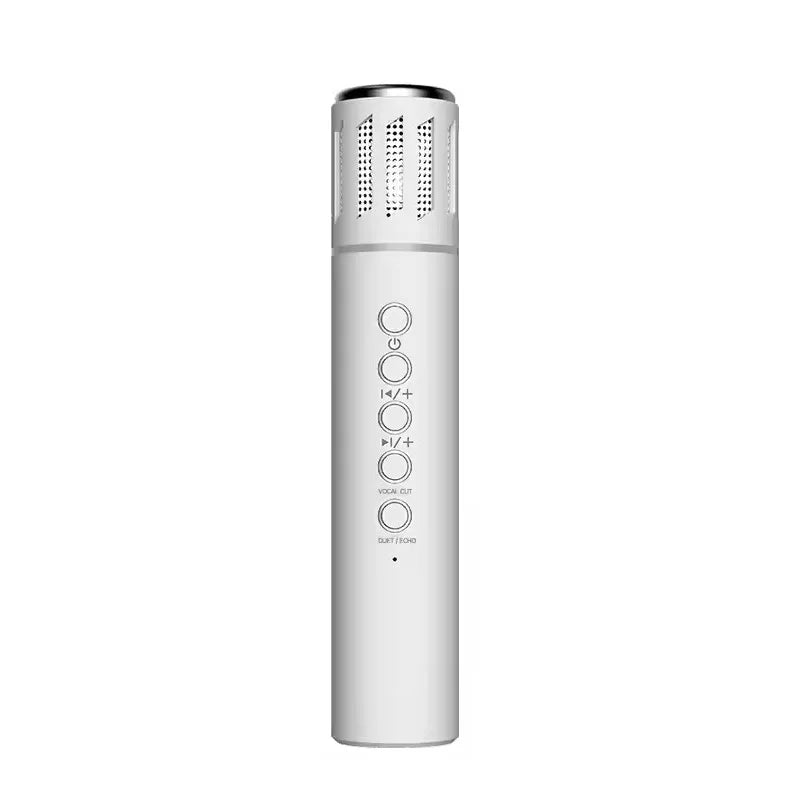 Silver cylindrical karaoke wireless microphone with perforated grille and circular buttons for phone car support bluetooth speakers portable