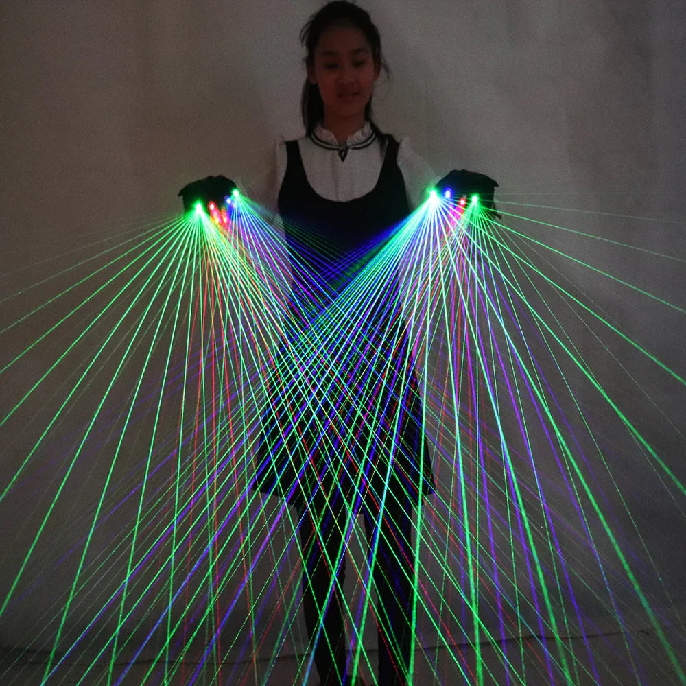 A pair of black laser gloves emitting green, blue, and red beams for luminous costumes and led robot use