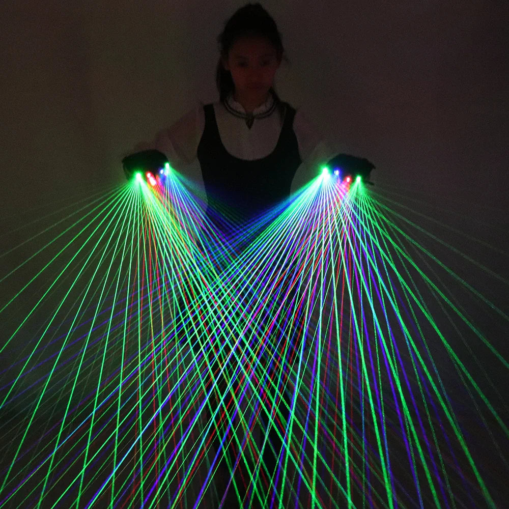 A pair of black 2-in-1 multi-line rgb laser gloves emitting green red blue beams for luminous costumes and led robot use