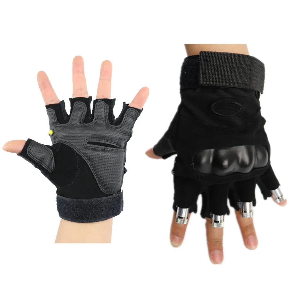 Black fingerless laser gloves with reinforced palm and metallic protectors for luminous costumes and led robot use