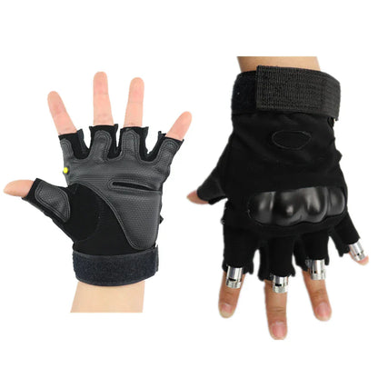 Black fingerless laser gloves with reinforced palm and metallic protectors for luminous costumes and led robot use
