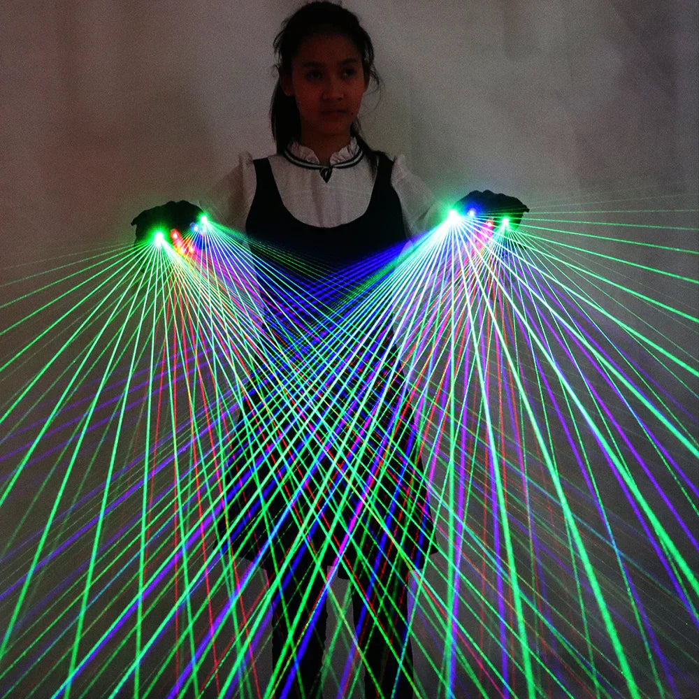 A person wearing black 2-in-1 multi-line rgb laser gloves projecting green and blue lights for luminous costumes and led robot use