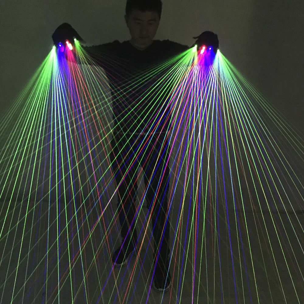 A person wearing black 2-in-1 multi-line rgb laser gloves projecting green red and blue fan-like beams for luminous costumes and led robot use