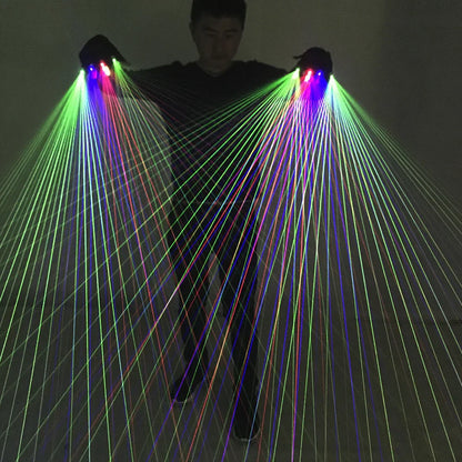A person wearing black 2-in-1 multi-line rgb laser gloves projecting green red and blue fan-like beams for luminous costumes and led robot use