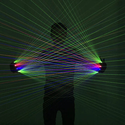A person wearing black gloves holds 2-in-1 multi-line RGB laser gloves emitting green red blue beams for luminous costumes