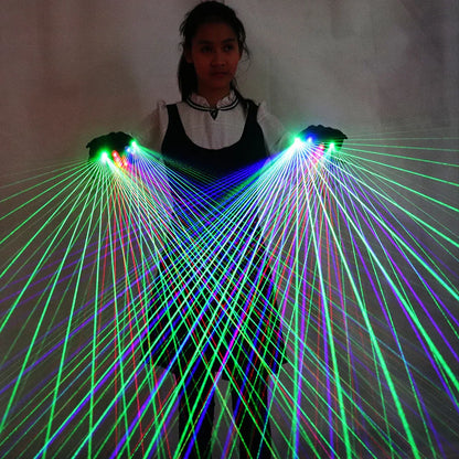 A person wearing black 2-in-1 multi-line rgb laser gloves projecting green and blue lights for luminous costumes and led robot use