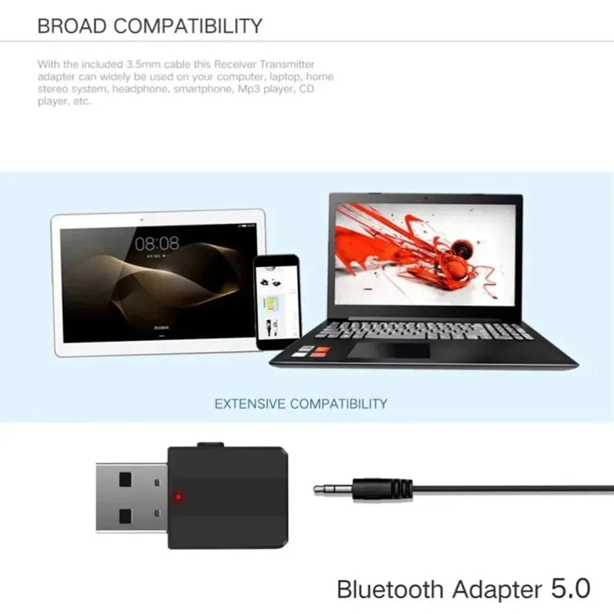 Black usb bluetooth 5.0 adapter with red led indicator and 3.5mm cable for receiver mode in stereo tv headphone use