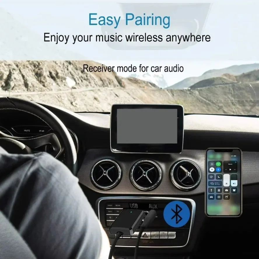 Black usb bluetooth 5.0 receiver adapter with aux and usb ports for stereo tv headphone and receiver mode use