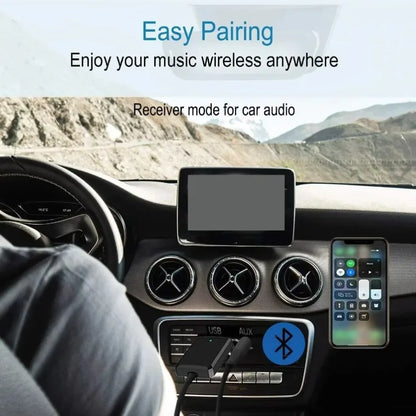 Black usb bluetooth 5.0 receiver adapter with aux and usb ports for stereo tv headphone and receiver mode use