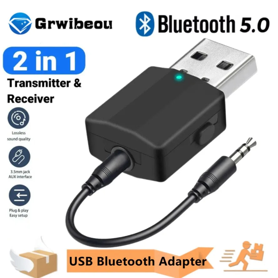 Black 2 in 1 usb bluetooth 5.0 adapter with green led and 3.5mm aux jack for stereo tv headphone receiver mode