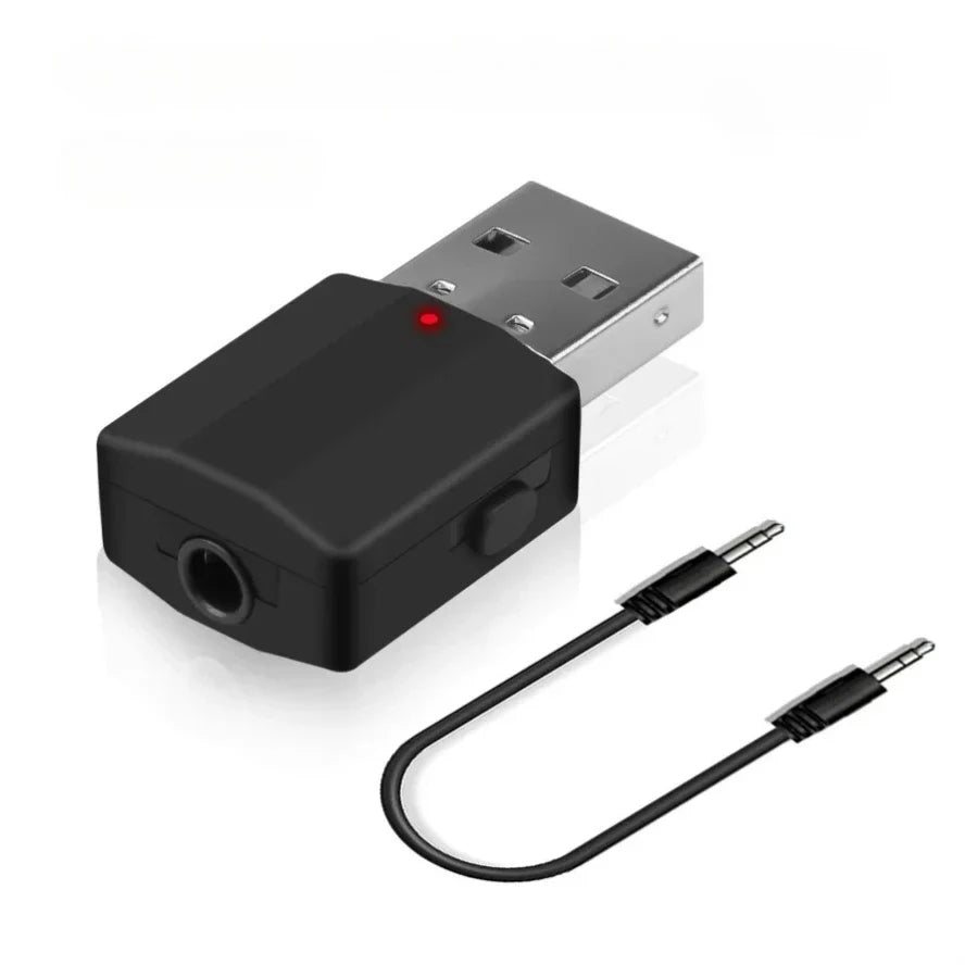 Black usb bluetooth 5.0 transmitter with red indicator light and black audio cable for stereo tv headphone receiver mode