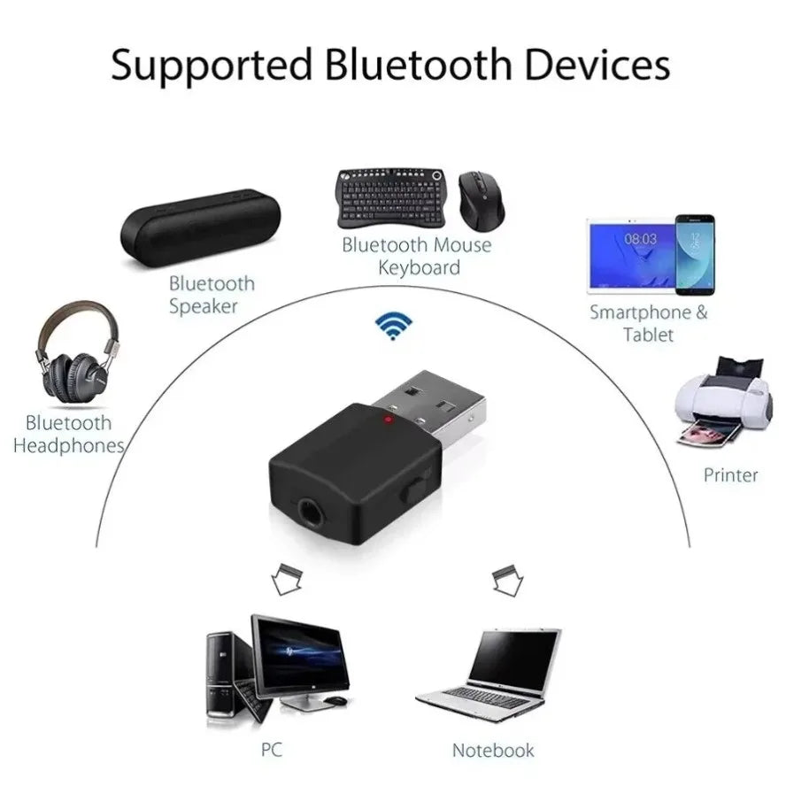 Black usb bluetooth adapter with red led indicator featuring receiver mode for stereo tv headphone and car aux use
