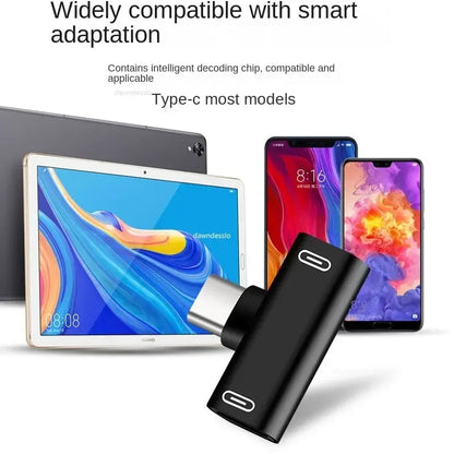 Black usb c splitter with metallic connector compact design for headphone charger adapter and 3.5mm earphone use