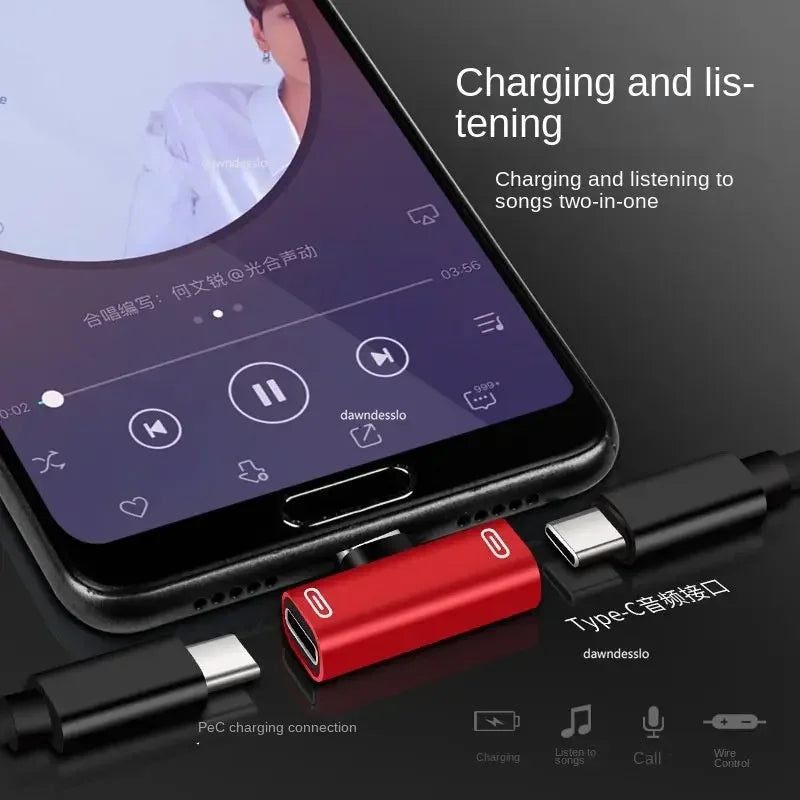 Red rectangular usb c splitter with 3.5mm earphone jack and charging port headphone charger adapter splitter