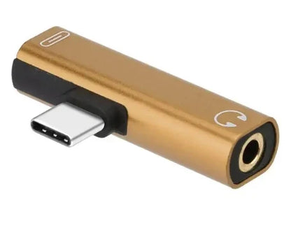 Gold-colored usb c splitter with 3.5mm earphone jack and black rubberized grip headphone charger adapter