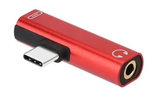 Red and black usb c splitter with metallic finish and engraved headphone icons for 3.5mm earphone headphone charger adapter