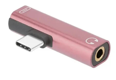 Pink metallic usb c splitter with black rubber grip and gold-plated jack for 35mm earphone headphone charger adapter