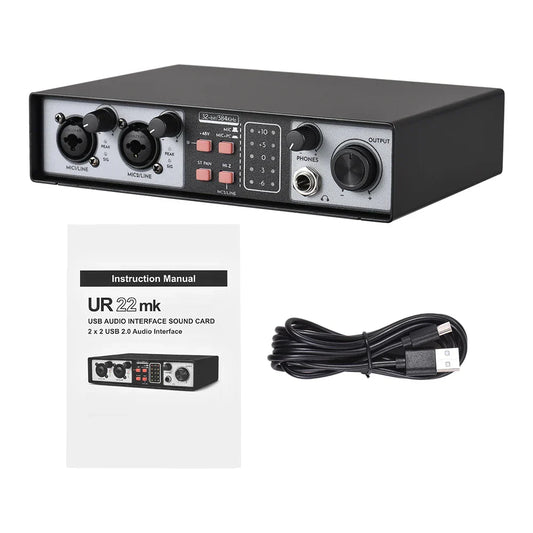 Black ur 22mk usb recording sound card with silver panel, two xlr inputs, and pink gain control for console track separation