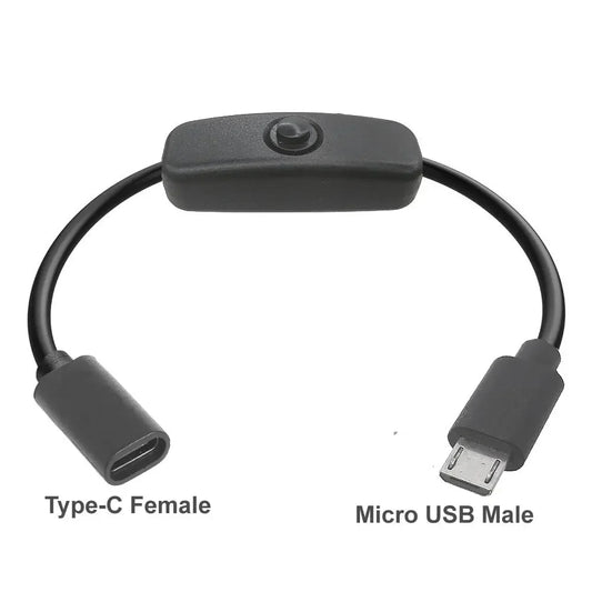 Black 2 in1 usb type-c extension cable with type-c female, micro usb male, and integrated on/off switch cord 5v universal