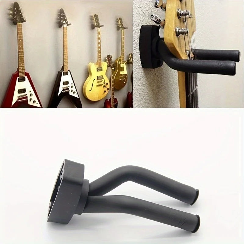 Black guitar wall mount with curved arms and flat plate for sturdy installation of electric guitars and double guitar stand use