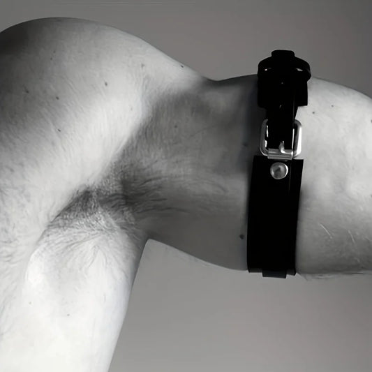 Black leather wrist cuff with silver-toned buckle and metal clasp from punk hip hop adjustable armband set
