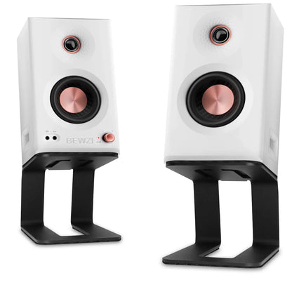 A pair of white and rose gold bewzi 2.0 bookshelf speakers on black pcs speaker stand audio base stands bracket