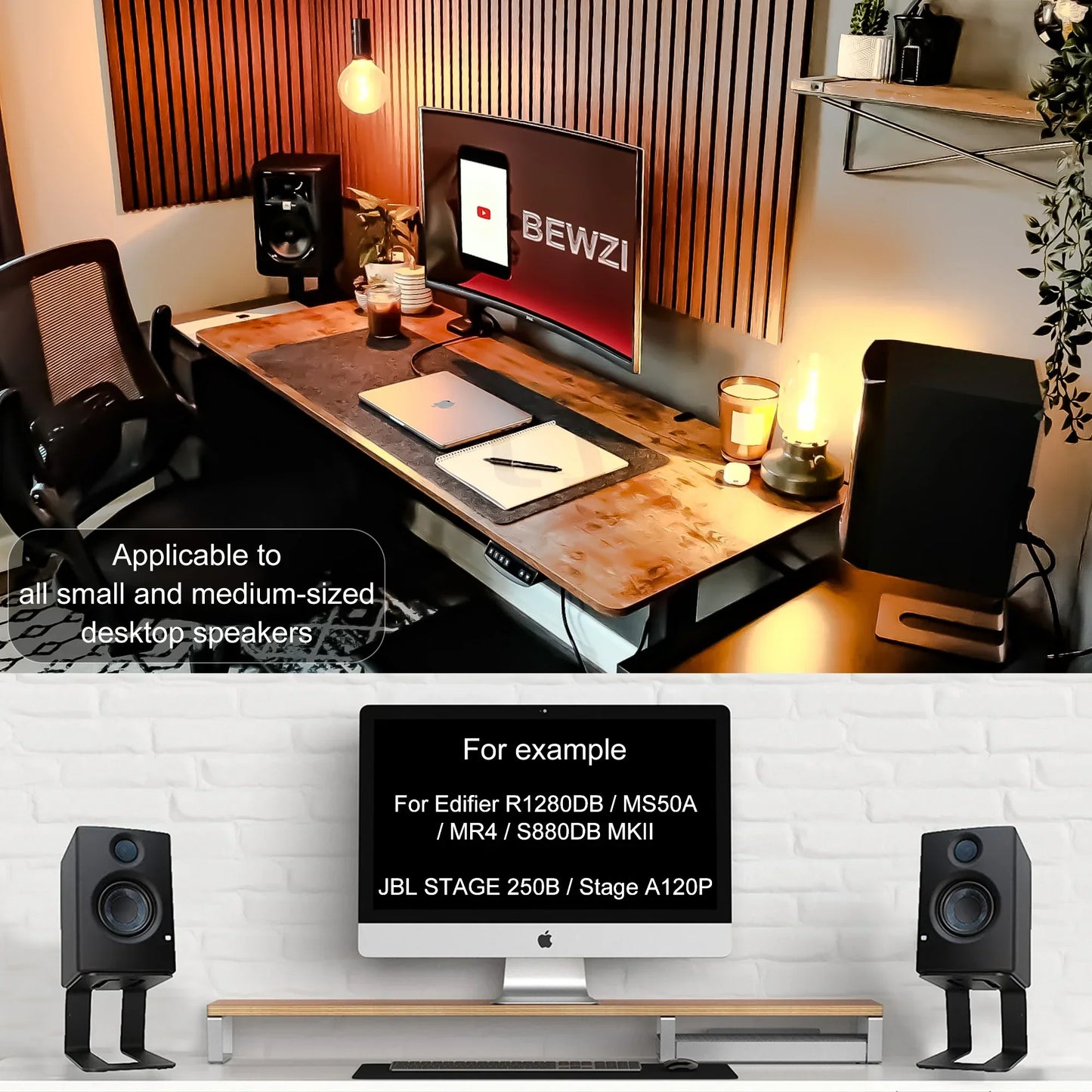 Black desktop speaker on a steel mid-height pcs speaker stand with anti-vibration audio base stands bracket
