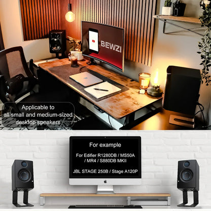 Black desktop speaker on a steel mid-height pcs speaker stand with anti-vibration audio base stands bracket
