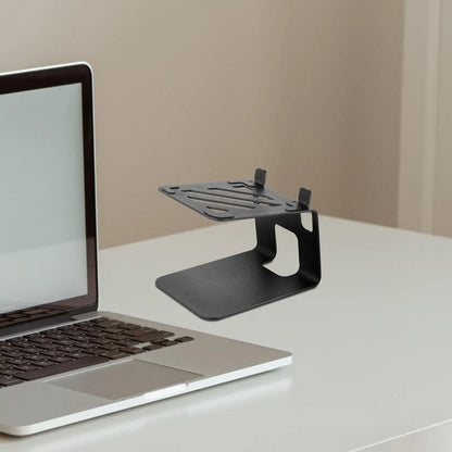 Black metal speaker desktop stand with adjustable height ventilation slots steel accessory for home office use